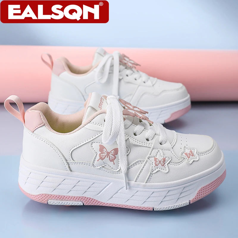 Chaussures de marche à 4 roues avec motifs papillons, baskets de sport d'extérieur pour enfants, rollers pour adolescents et filles, divertissement