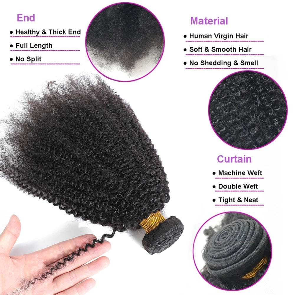 Extensions de cheveux humains naturels vierges indiens bruts, bouclés afro crépus 4B 4C, doux, en trame