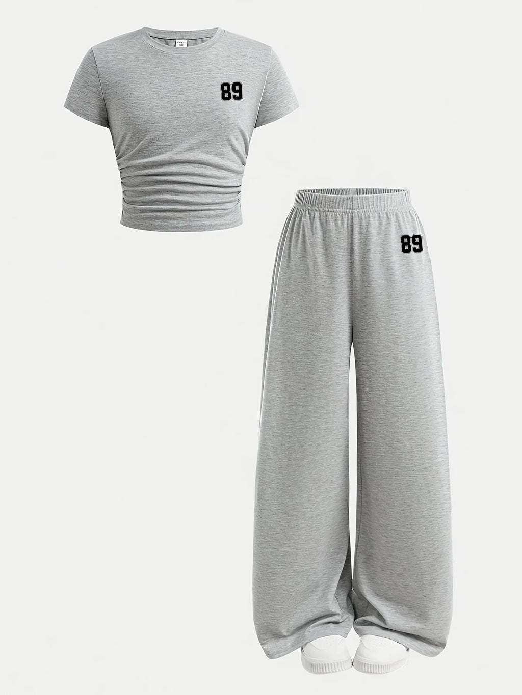 Ensemble tendance 2 pièces gris pour filles, t-shirt court froncé minimaliste avec logo 89 et pantalon ample à jambes larges pour le streetwear et le quotidien