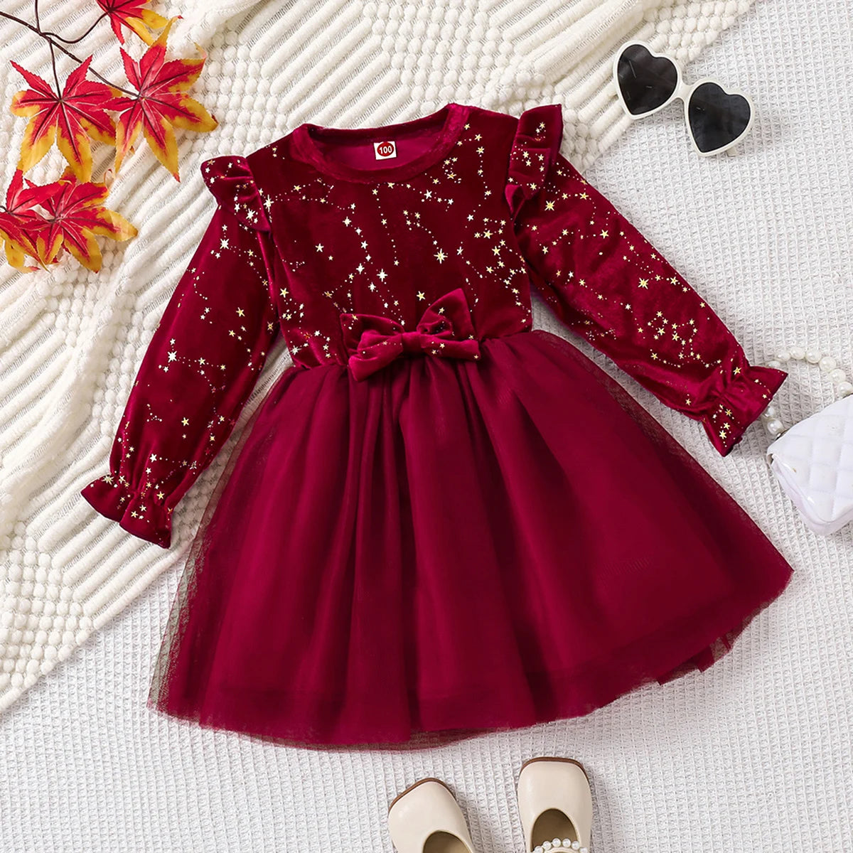 Robe d'automne et d'hiver en velours pour filles, tenue de princesse à manches longues avec nœud en maille, tenue de fête de nouvel an pour enfants, robe de fête Festive pour filles