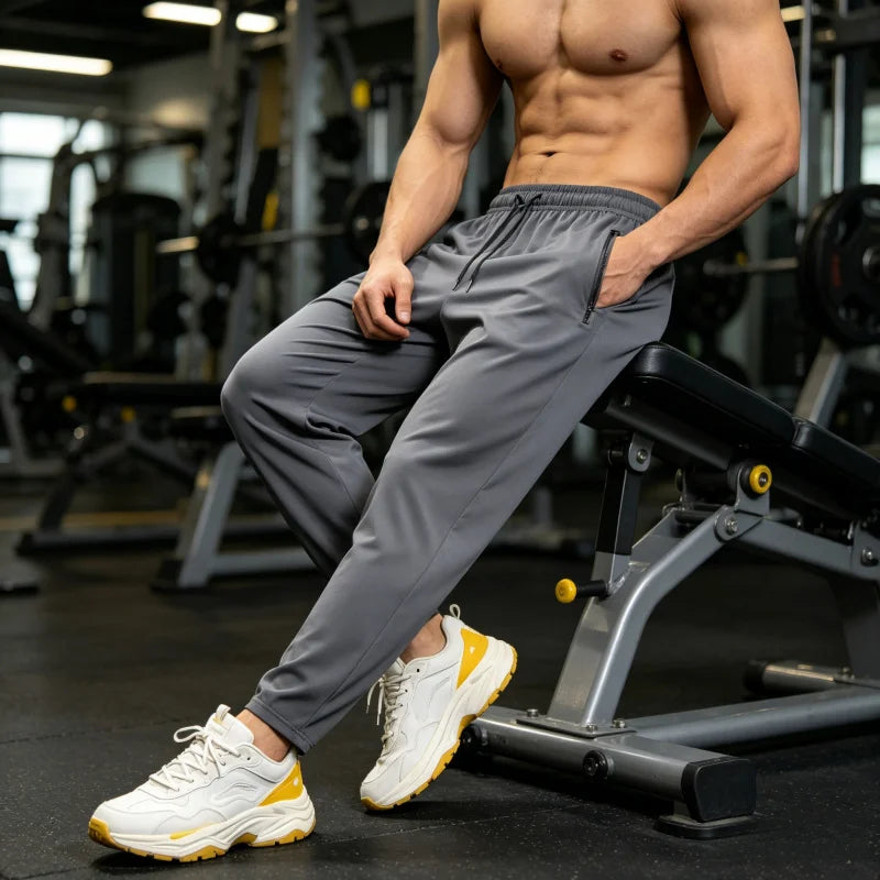 Pantalon de jogging léger et respirant en soie glacée pour homme, grande taille, avec poches zippées, extensible, idéal pour le quotidien, le sport et le fitness