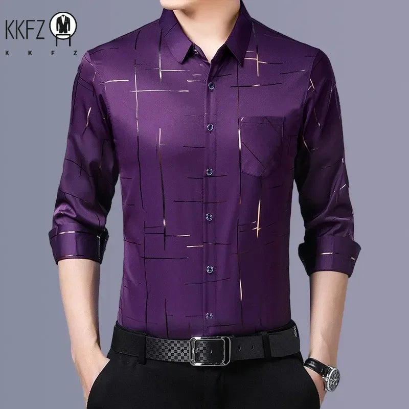 Chemise imprimée à manches longues pour hommes, haut d'affaires décontracté et à la mode, sans repassage et résistant aux rides