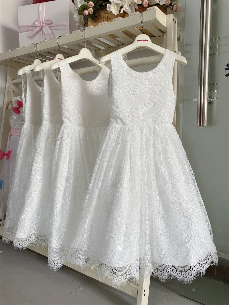 Robe de demoiselle d'honneur en dentelle blanche avec grand nœud, élégante, sans manches, coupe trapèze, pour cérémonies, communion, mariages et fêtes