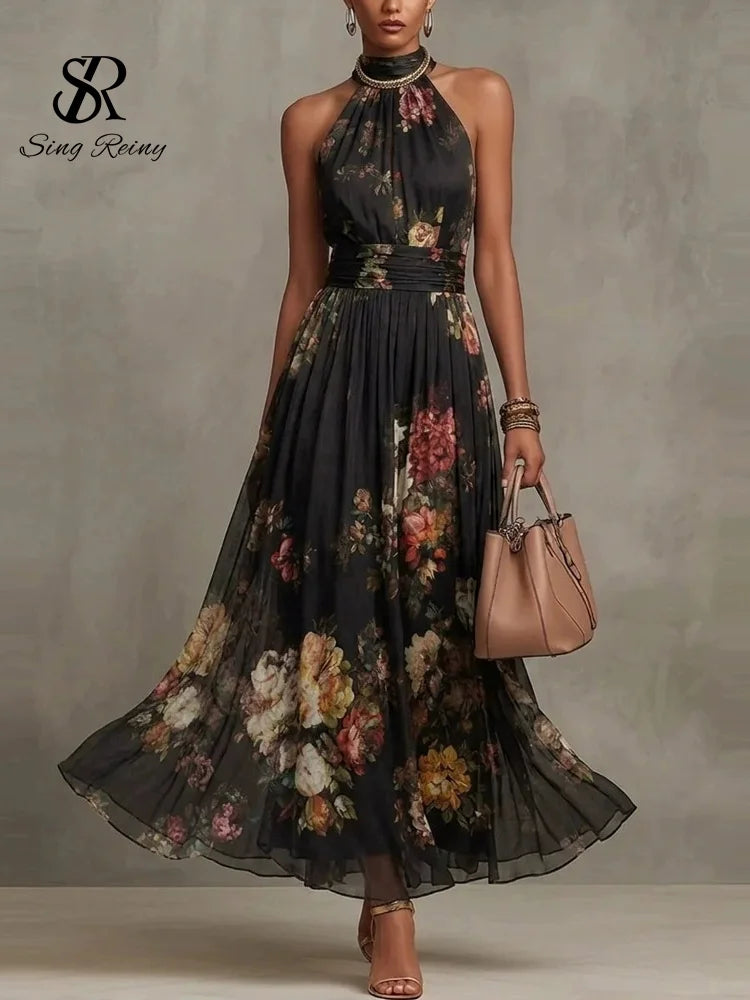 Robe longue élégante SINGREINY en mousseline de soie verte à motif floral, style licou, sans manches, coupe trapèze, tendance 2026, pour femme, idéale pour les invitées de mariage ou les soirées.