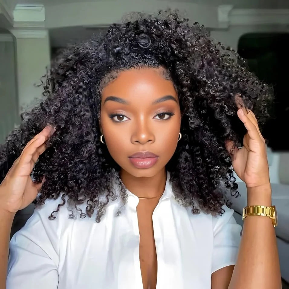 ISEE Hair – demi-perruque 3 en 1, cheveux naturels crépus bouclés, bandeau amélioré, sans colle, avec cordon de serrage, Clip sans couture, rabattable