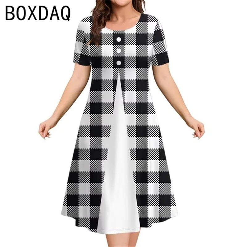 Robe Vintage à Carreaux Imprimés Noirs et Blancs pour Femme, Manches Courtes, Col Rond, Trapèze, Grande Taille 3XL, Élégante, Éducative, Été