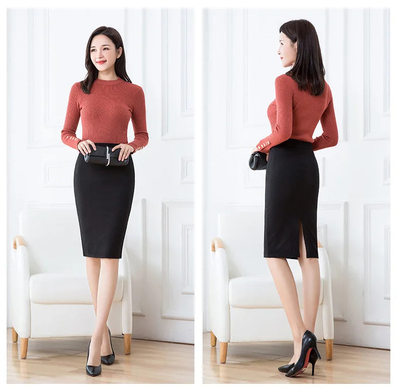 Jupe crayon noire légère et extensible pour femme ; Jupes adaptées au bureau ; Tailles asiatiques S–3XL.