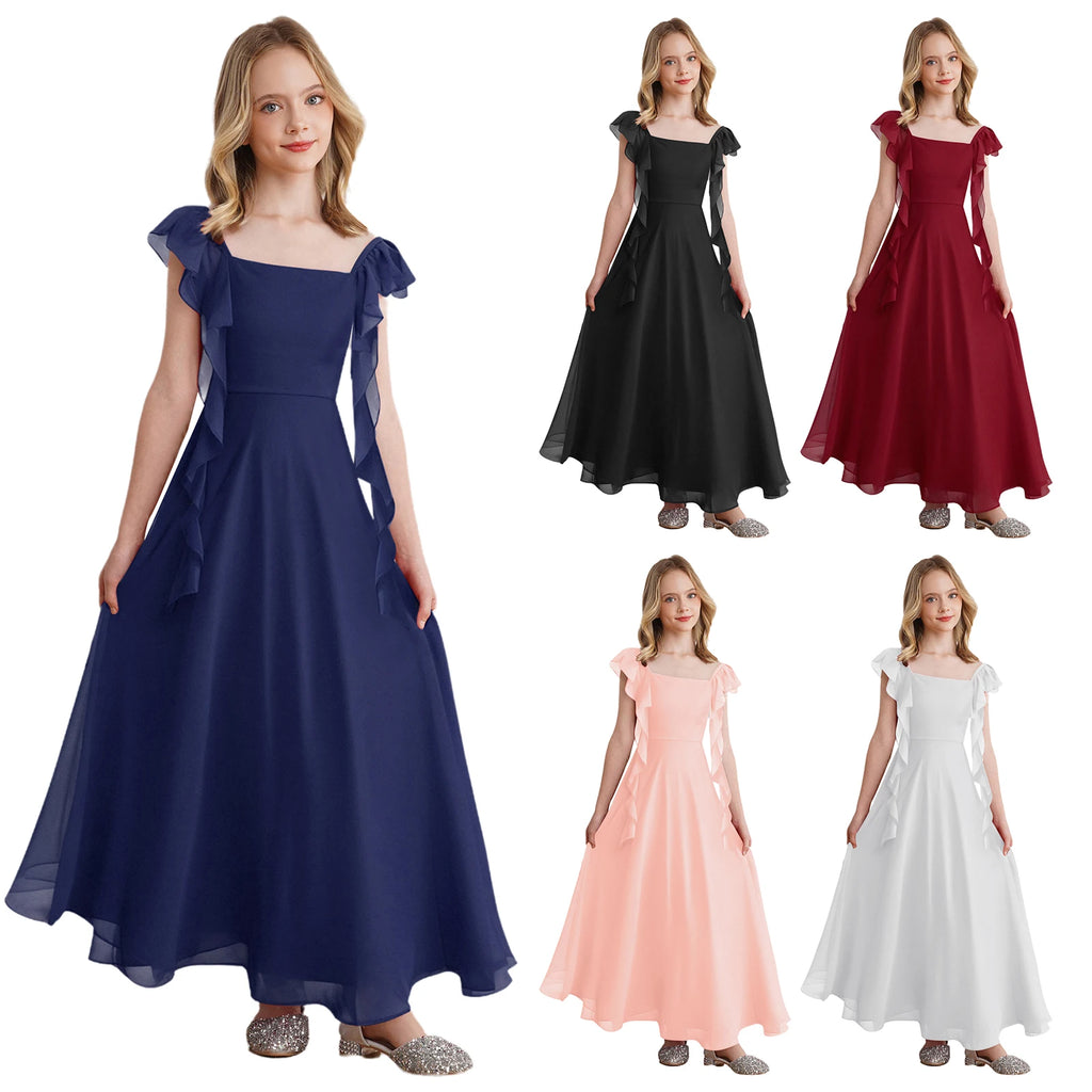 Robes de demoiselle d'honneur junior pour adolescentes, robe à fleurs, bretelles à volants, en mousseline de soie, robe d'été formelle pour fête de mariage, spectacle, Banquet