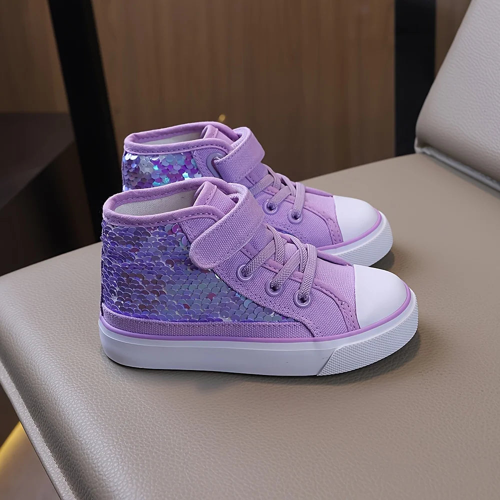 COMFY KIDS Filles 3-12 ans Violet Échelle holographique Style Princesse Chaussures en toile mi-hautes Sangle réglable Doux Confortable Vêtements toutes saisons Performance de fête Chaussures décontractées