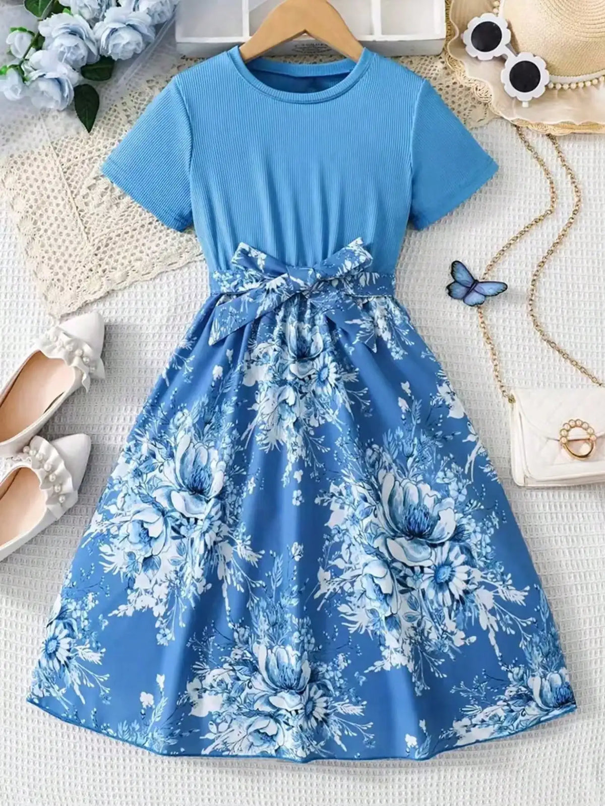Robe décontractée à manches courtes pour fille, motif floral patchwork, couleur unie, col rond, cadeau d'été