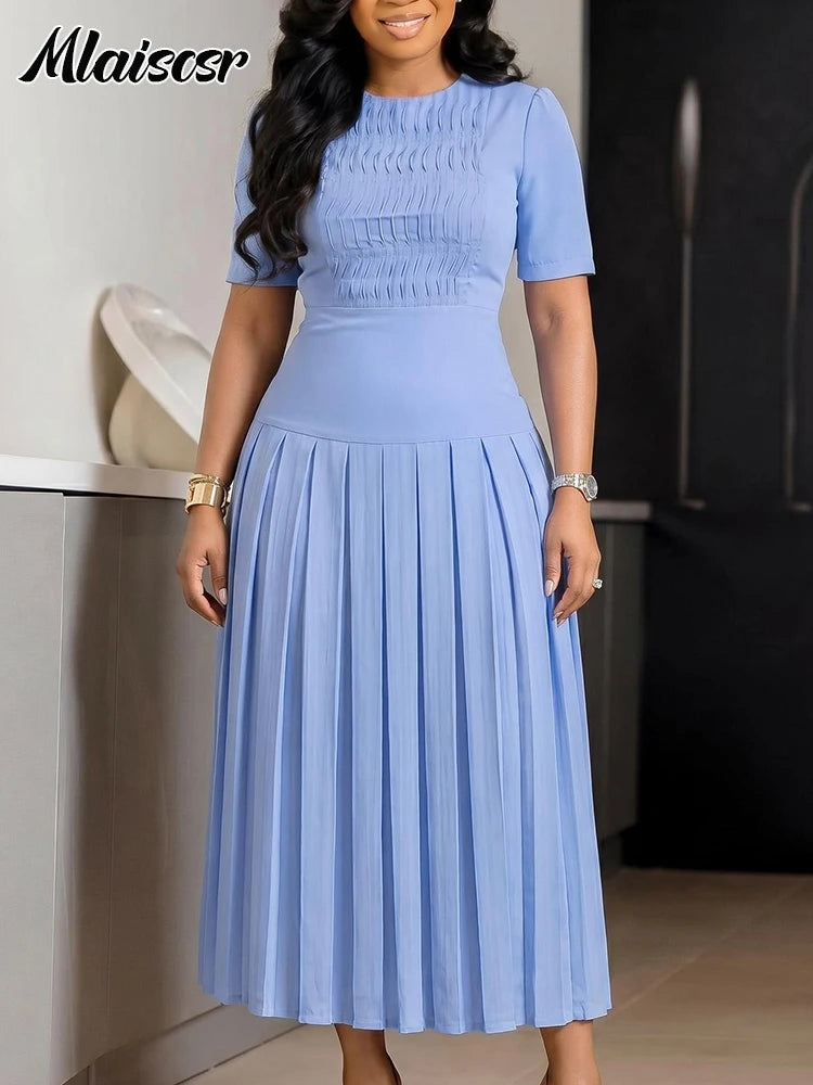 Robe longue plissée élégante bordeaux pour femme Mlaiscsr, col rond, manches mi-longues, jupe fluide évasée pour mariages à l'église et événements formels