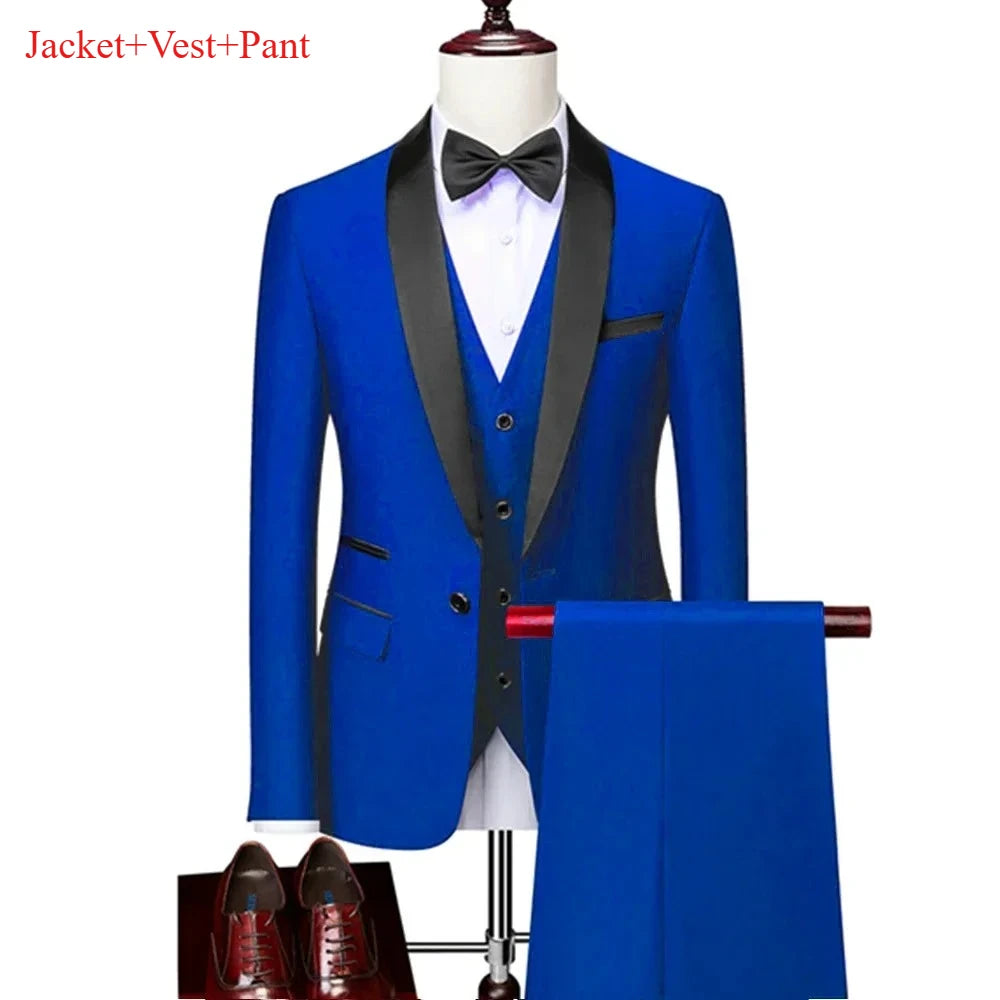 Ensemble de costume noir à revers pour hommes, manteau, gilet, pantalon/affaires pour garçons d'honneur, robe de mariée, pantalon Blazer Fprmal