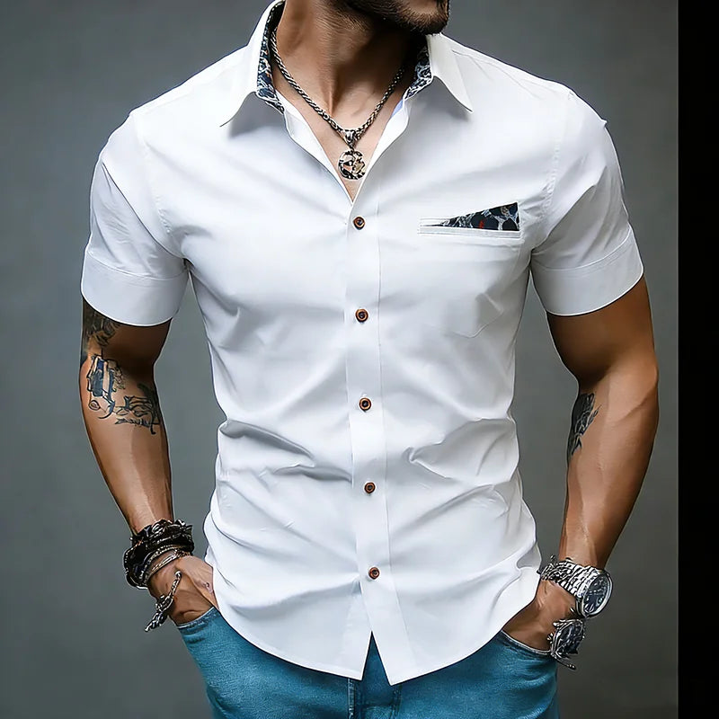 Chemise blanche décontractée à manches courtes pour homme, col à revers à simple boutonnage, chemises de bureau tendance pour homme avec patchwork