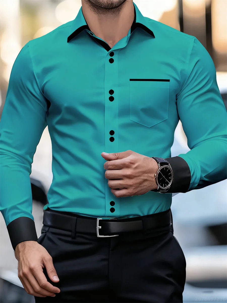 Chemise à manches longues à col bloc de couleur pour hommes d'affaires, coupe ajustée, sans plis, chemise Patchwork noir et blanc, haut tendance pour hommes