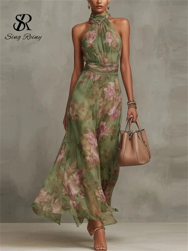 Robe longue élégante SINGREINY en mousseline de soie verte à motif floral, style licou, sans manches, coupe trapèze, tendance 2026, pour femme, idéale pour les invitées de mariage ou les soirées.