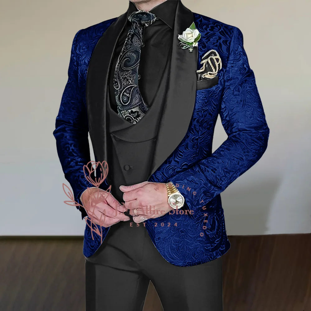 Costume Jacquard Gris Argenté pour Homme, Ensemble 3 Pièces, Veste en Satin Noir, Gilet et Pantalon, Coupe Ajustée pour Mariage, Cérémonie, Cocktail, Smoking