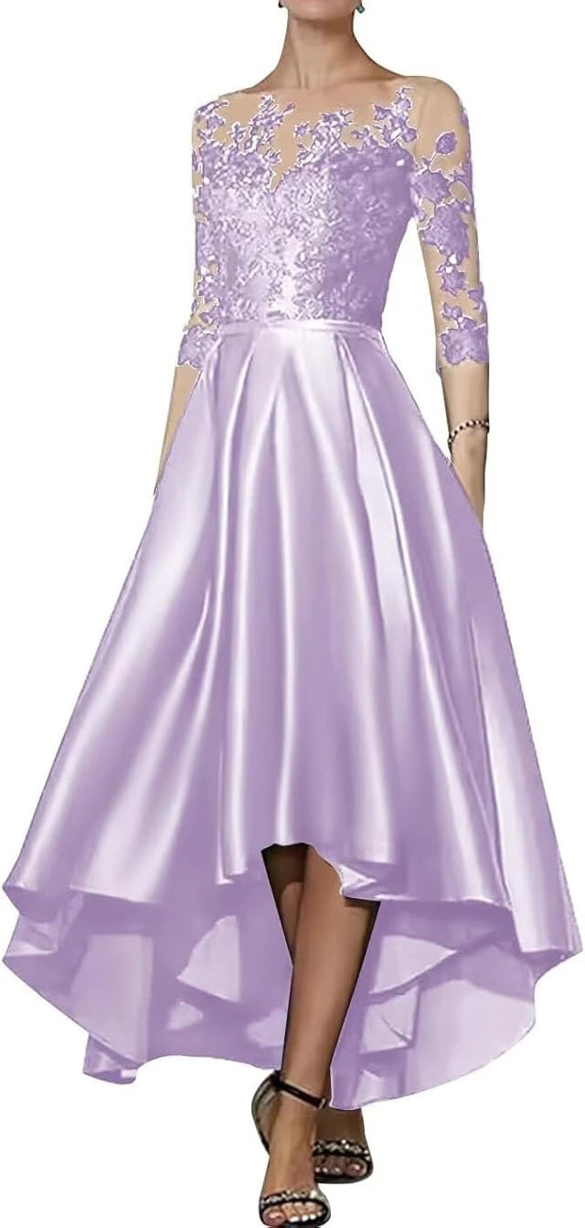 Robe en satin à col en V pour mère de la mariée, robe trapèze élégante longueur thé, devant court, dos long, invité de mariage