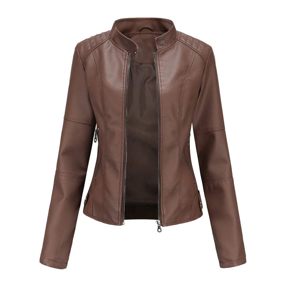 Blouson en cuir slim pour femme avec col montant, style motard, fermeture éclair noire, idéal pour l'extérieur en automne