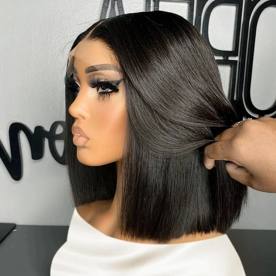 Perruques Lace Frontal 13x4 ultra-lisses, coupe courte bob, pré-épilées, avec dentelle transparente 4x4, 100% cheveux humains brésiliens, 12, 14, 16 pouces