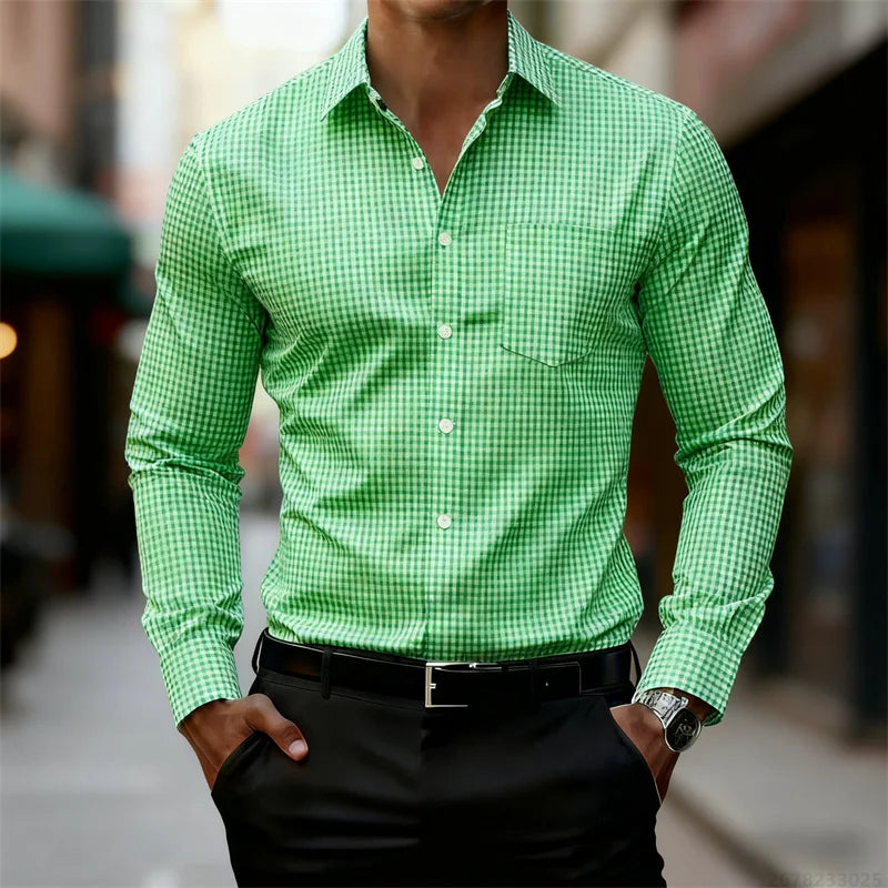 2025 Chemise à manches longues à carreaux fins bleu et blanc pour hommes d'affaires décontractée, coupe ajustée, chemise élégante pour hommes, disponible en 11 couleurs