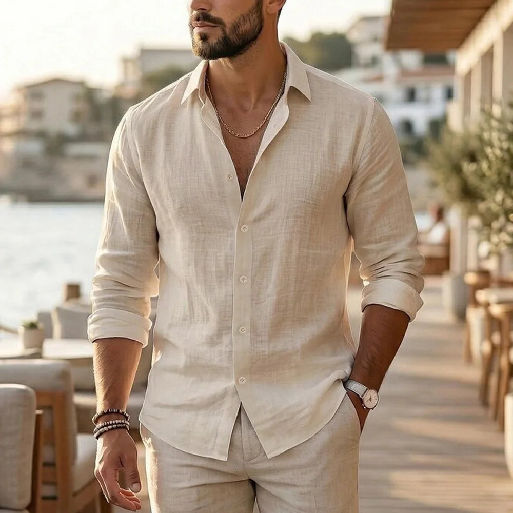 Chemise à manches longues pour hommes, en coton et lin, confortable, légère, style vacances, coupe ample, col à revers, chemises décontractées pour tous les jours