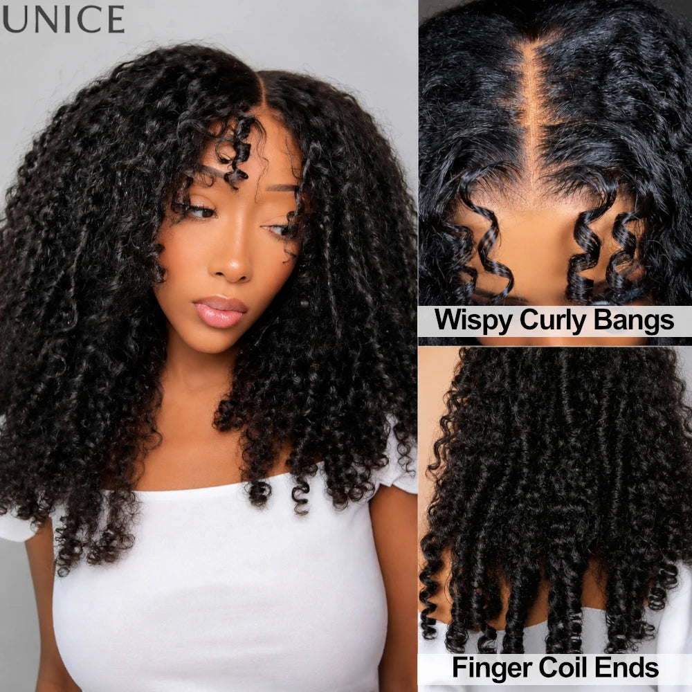 Perruque bouclée birmane UNice avec frange et pointes à boucles fines 7x5, perruque en cheveux humains sans colle Bye-Bye Slip Lace, prête à l'emploi, densité 150%
