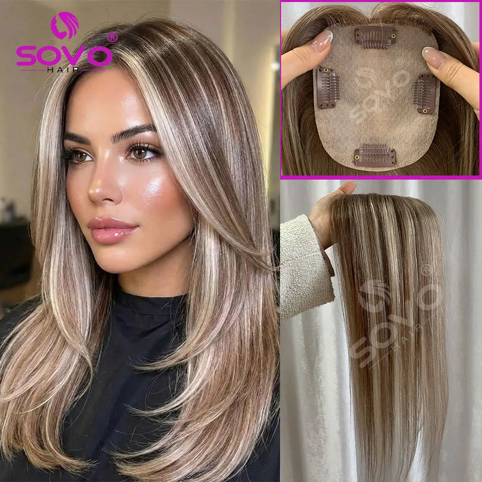 Topper de cheveux humains lisses avec mèches pour femmes 10x12CM, postiche à base de peau avec 4 clips, cheveux humains véritables respirants