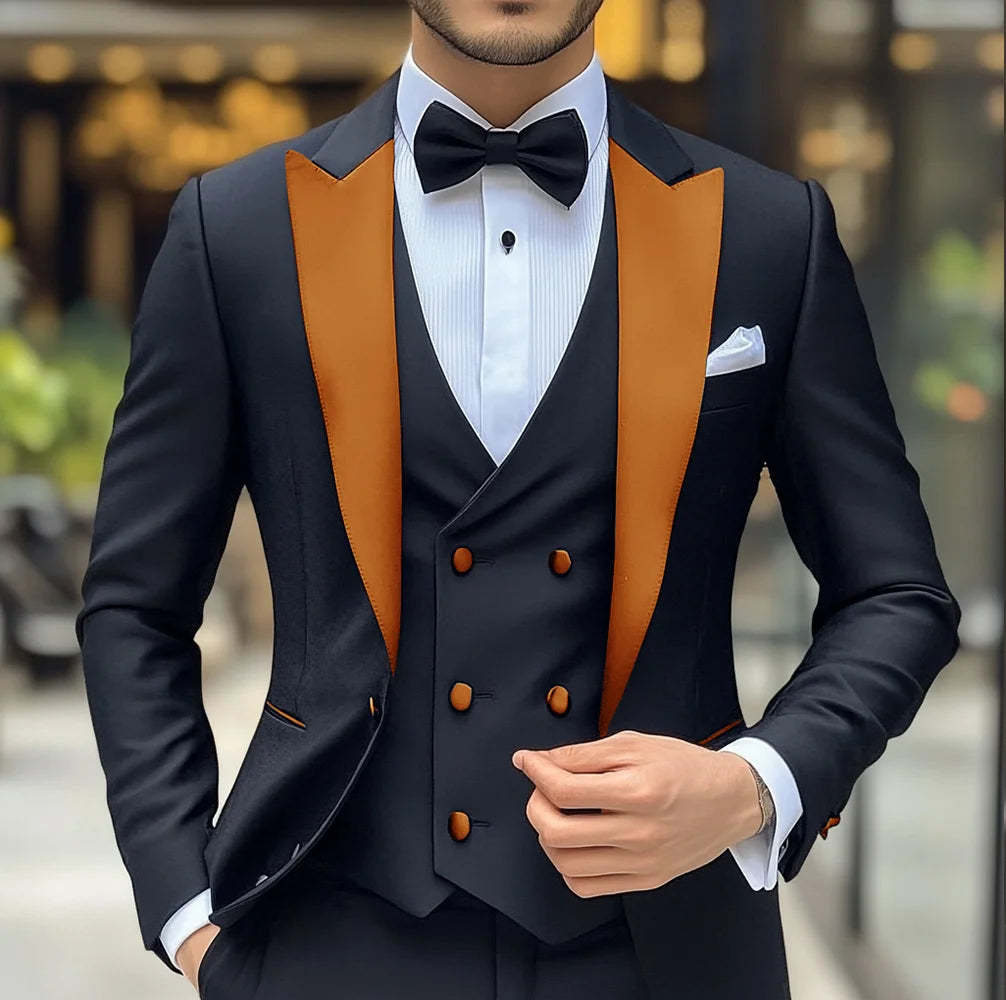 Costume 3 pièces de smoking de mariage pour marié, costume noir pour hommes, veste, pantalon, gilet formel, Blazer à revers, tenue cintrée