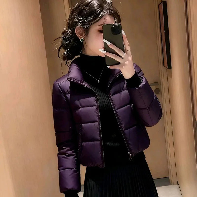 Blouson court matelassé en duvet de coton pour femme, nouveau modèle 2026, col montant, manteau d'hiver slim, parka courte rembourrée chaude, vêtement d'extérieur pour femme