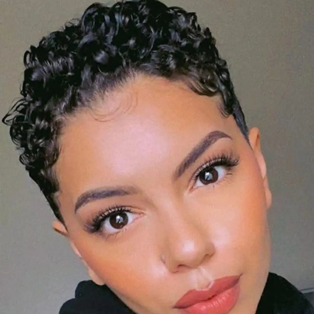Perruques courtes coupe lutin pour femmes noires cheveux synthétiques Afro perruque lutin couleur noire perruques courtes pour les femmes noires courtes bouclées