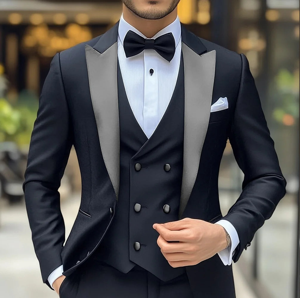 Costume 3 pièces de smoking de mariage pour marié, costume noir pour hommes, veste, pantalon, gilet formel, Blazer à revers, tenue cintrée