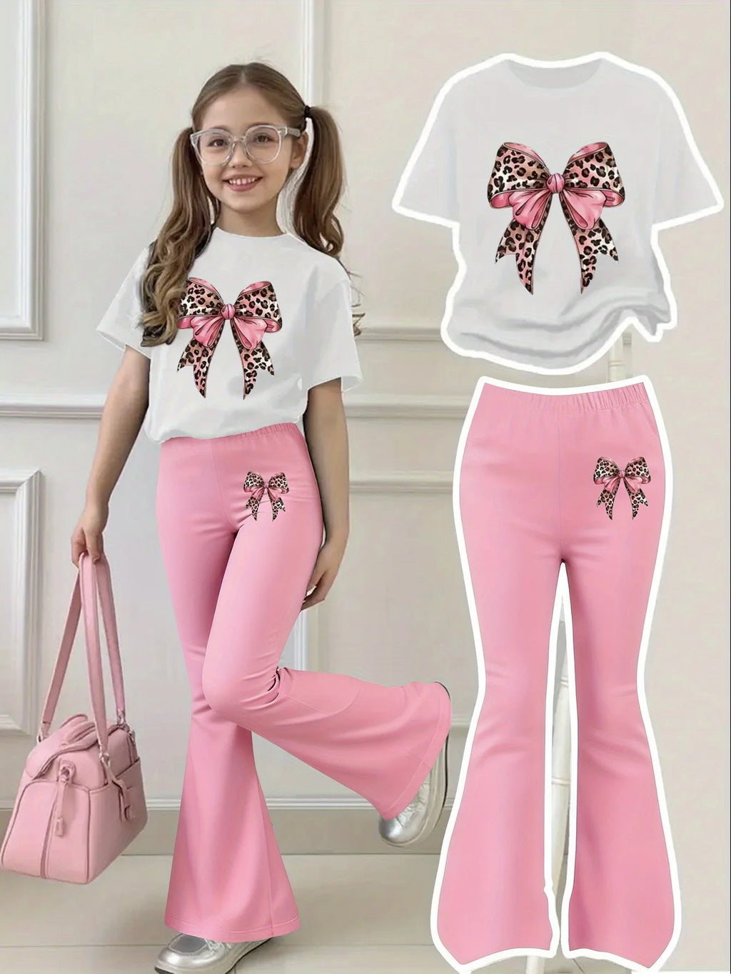 Costume à nœud imprimé léopard doux et cool pour filles âgés de 4 à 12 ans, haut blanc à manches courtes avec grand nœud imprimé léopard rose associé à un pantalon à cloche rose, décontracté et respirant pour