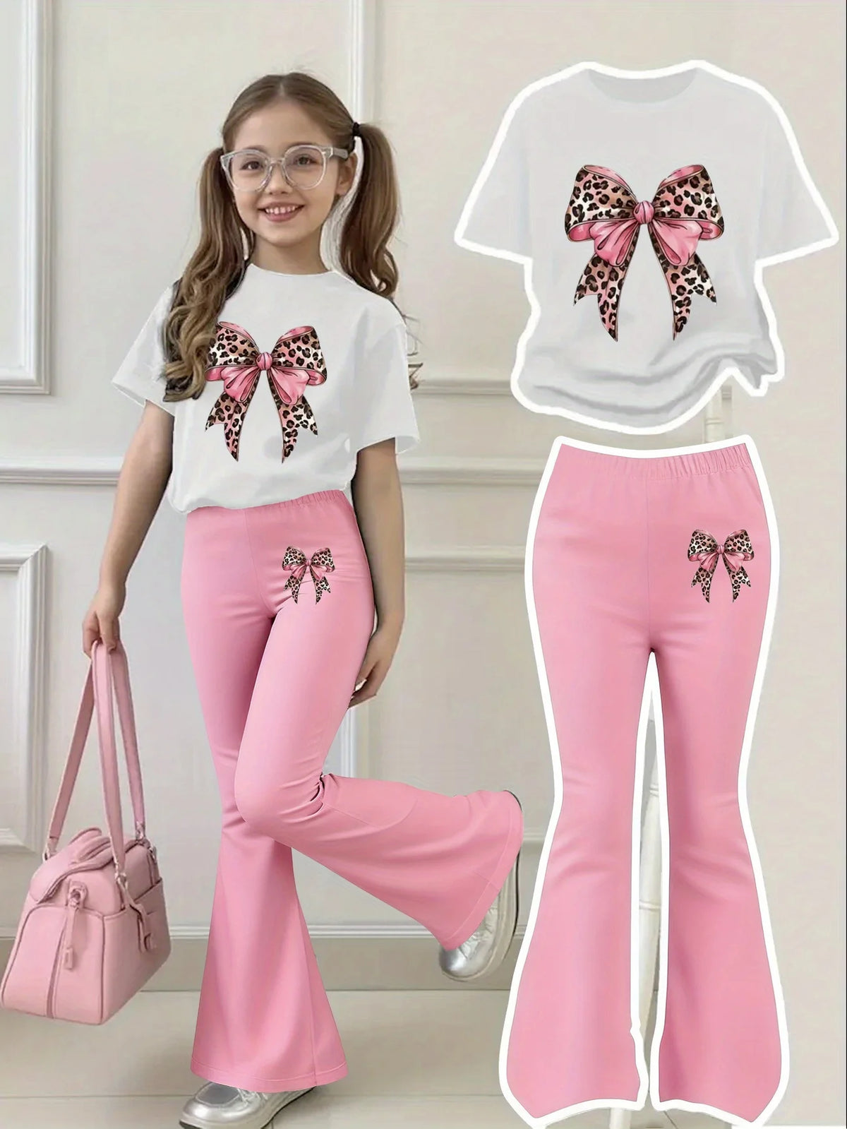 Costume à nœud imprimé léopard doux et cool pour filles âgés de 4 à 12 ans, haut blanc à manches courtes avec grand nœud imprimé léopard rose associé à un pantalon à cloche rose, décontracté et respirant pour