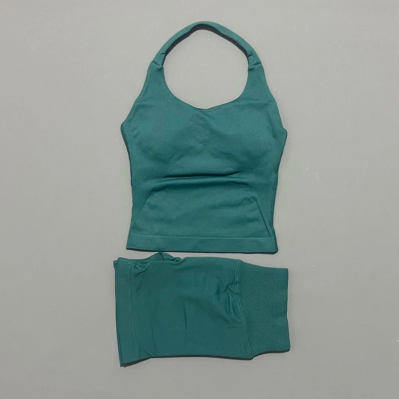 Ensemble de sport 2 pièces pour femme : débardeur long à bretelles rembourré et short de sport sans couture pour le yoga, le fitness et la course à pied