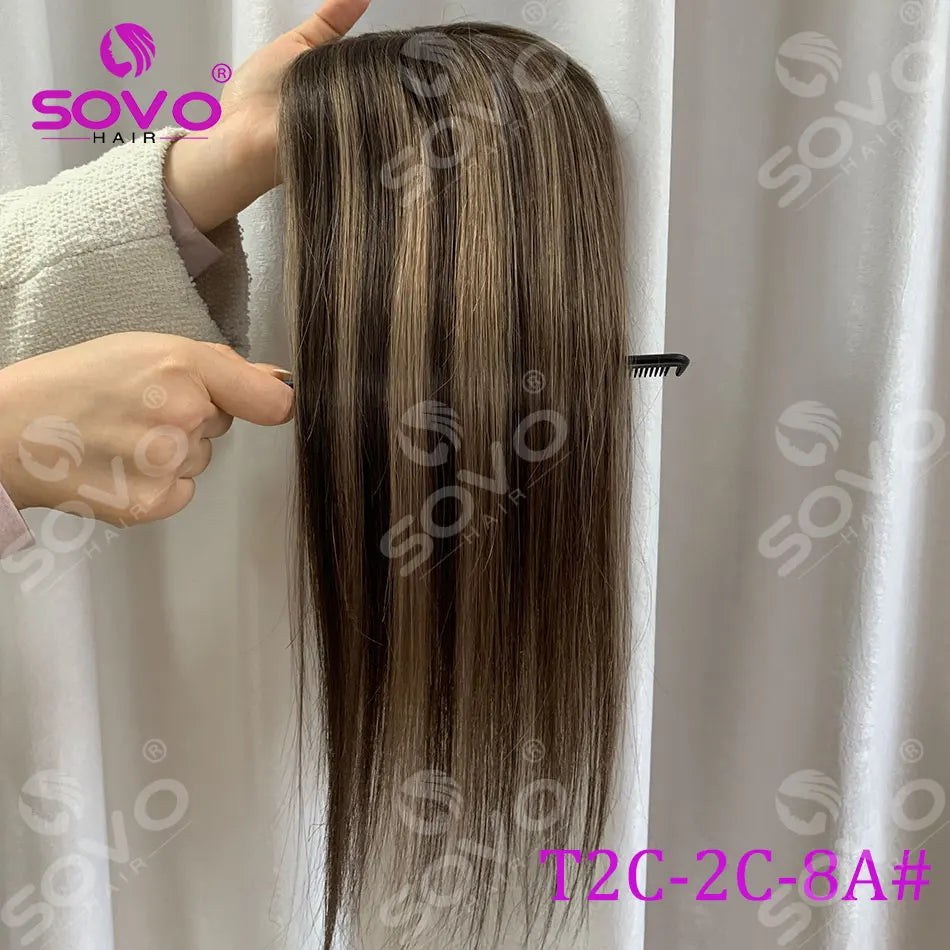 Topper de cheveux humains lisses avec mèches pour femmes 10x12CM, postiche à base de peau avec 4 clips, cheveux humains véritables respirants