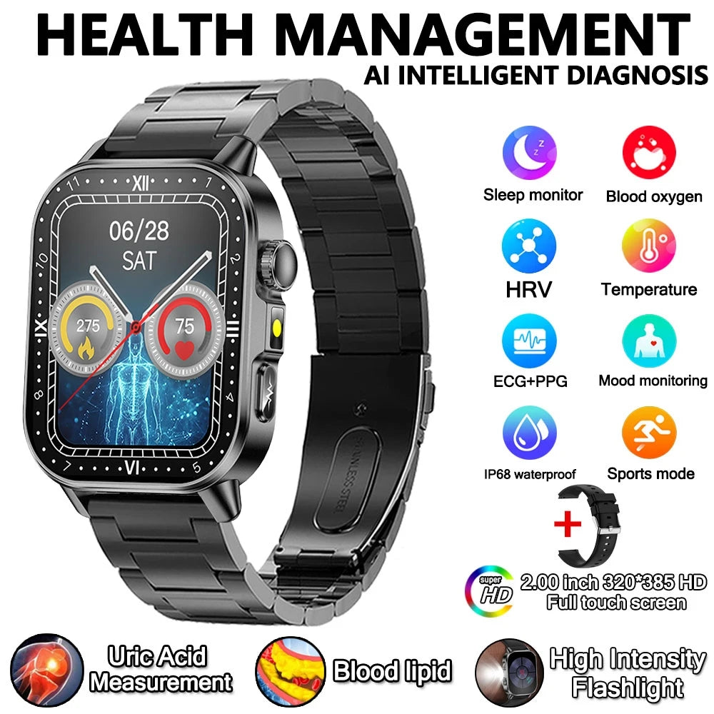 Montre connectée pour hommes et femmes, nouveau modèle d'analyse de la santé des acides uriques et des lipides, ECG + PPG, appel Bluetooth, lampe de poche 2026 pouces, 2.021