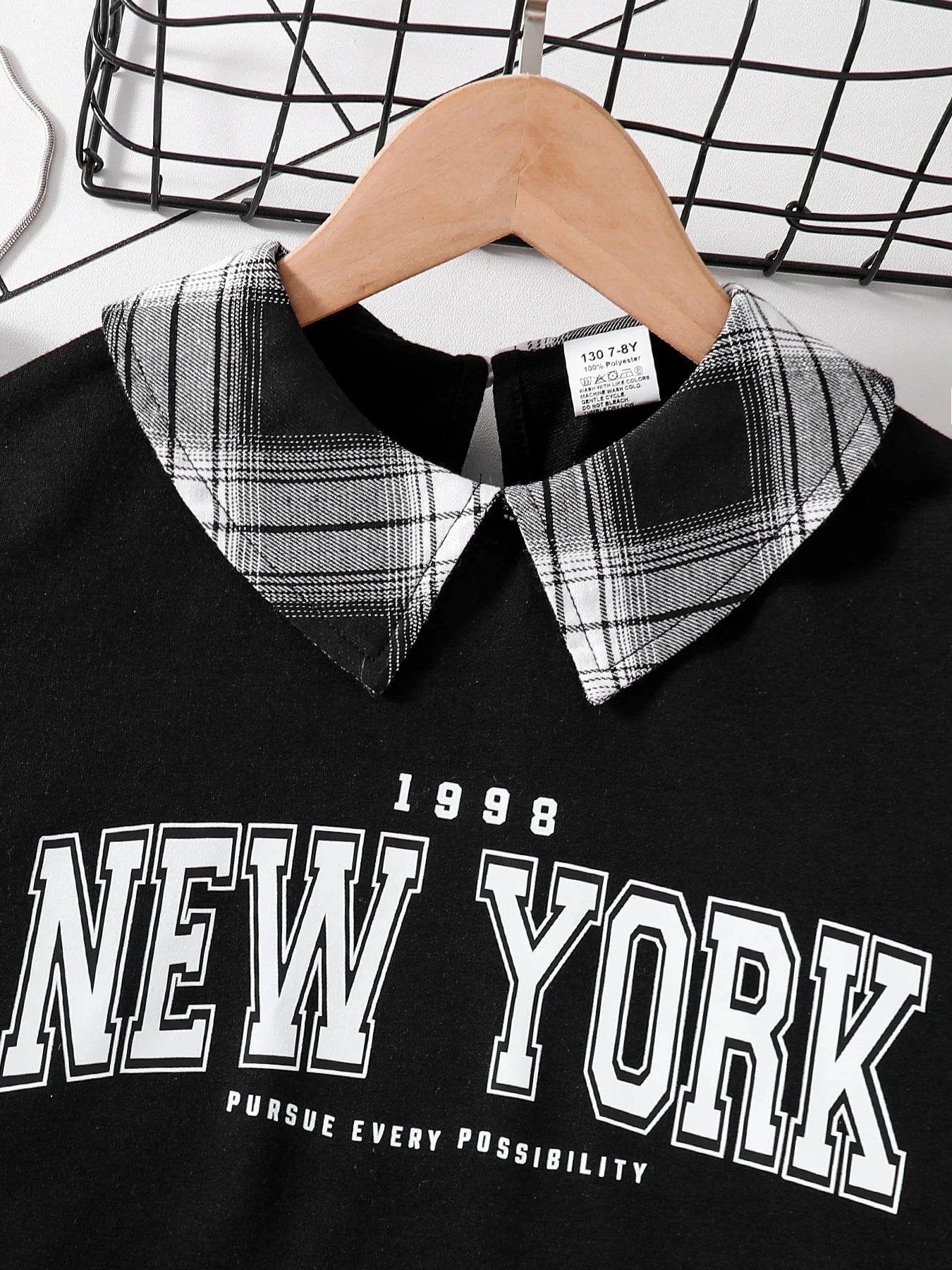 Ensemble 2 pièces décontracté pour filles, chemise à revers noir, manches longues, lettres imprimées, jupe à carreaux, nouvelle collection printemps automne