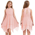 Robes d'été sans manches pour filles, col licou, en mousseline de soie, à volants, robe de soirée de mariage pour demoiselle d'honneur junior, robe irrégulière en Faux diamant