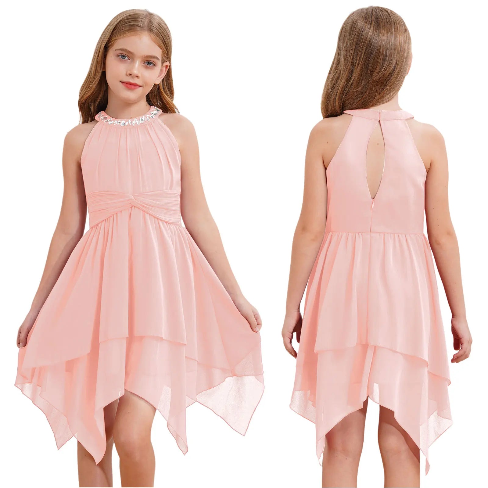 Robes d'été sans manches pour filles, col licou, en mousseline de soie, à volants, robe de soirée de mariage pour demoiselle d'honneur junior, robe irrégulière en Faux diamant