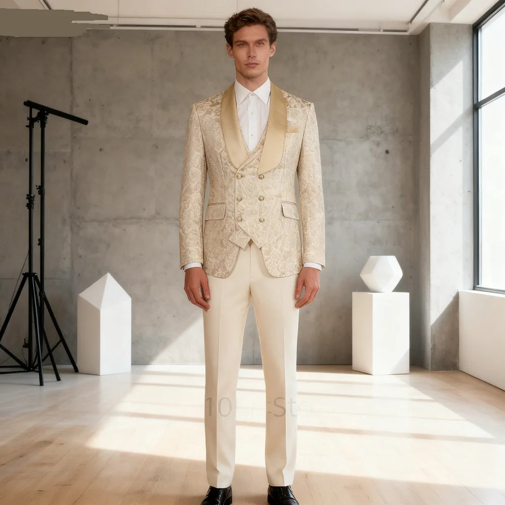 Costume de smoking formel 3 pièces en jacquard champagne pour homme avec blazer à revers châle, idéal pour le marié, le témoin ou les smoking pour soirée