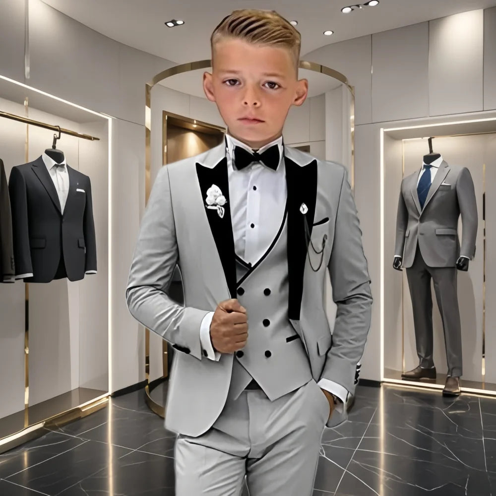 Ensemble de costume formel quatre pièces pour garçons, Blazer à col en velours, pantalon gilet, pantalon de smoking à nœud papillon, costumes de mariage pour enfants de retour