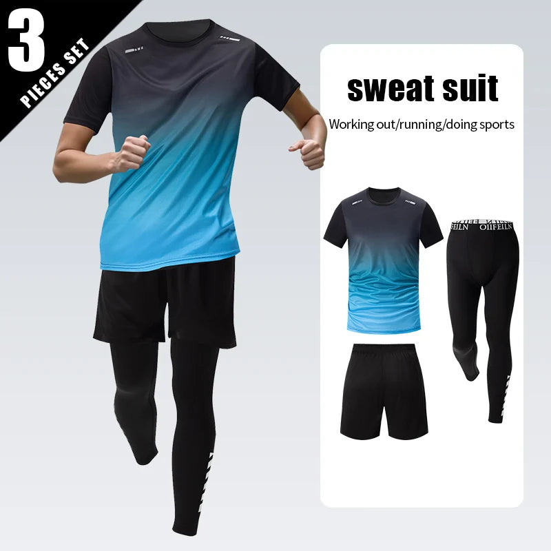 Combinaison de sport dégradée pour hommes, 3 pièces, séchage rapide, loisirs, sport, course à pied, manches courtes, pantalon de Protection solaire confortable, Short Joker