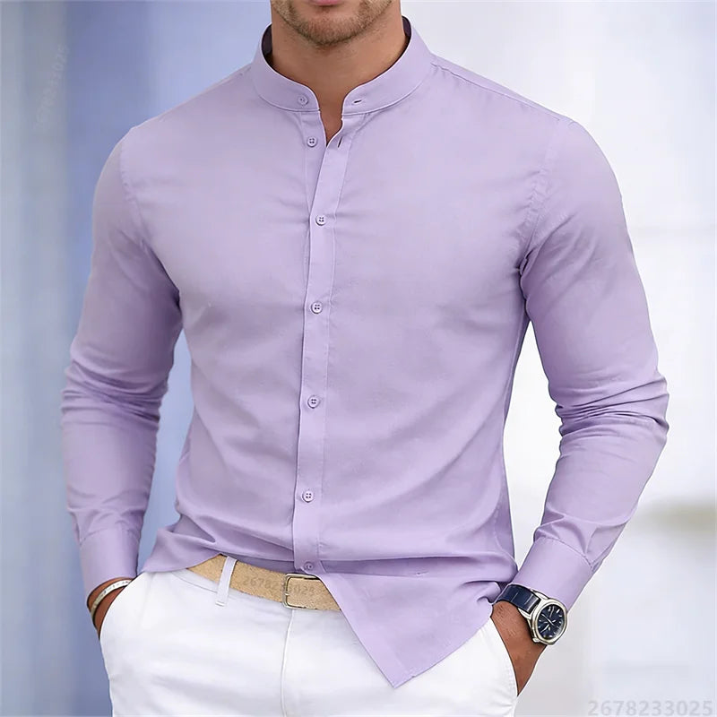 Chemise à manches longues pour homme, col montant, blanche ou noire, couleur unie, coupe ajustée, style business casual, tailles XS-6XL.