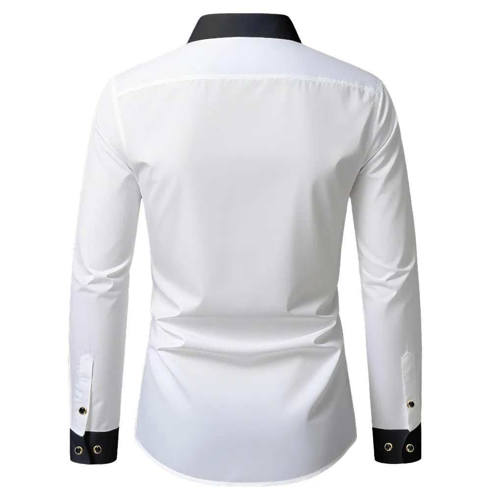 Chemise Homme FGKKS – Nouvelle Collection Imprimée Tendance, Style Décontracté Chic, Manches Longues, Patchwork, Micro-Élastique, Blanche