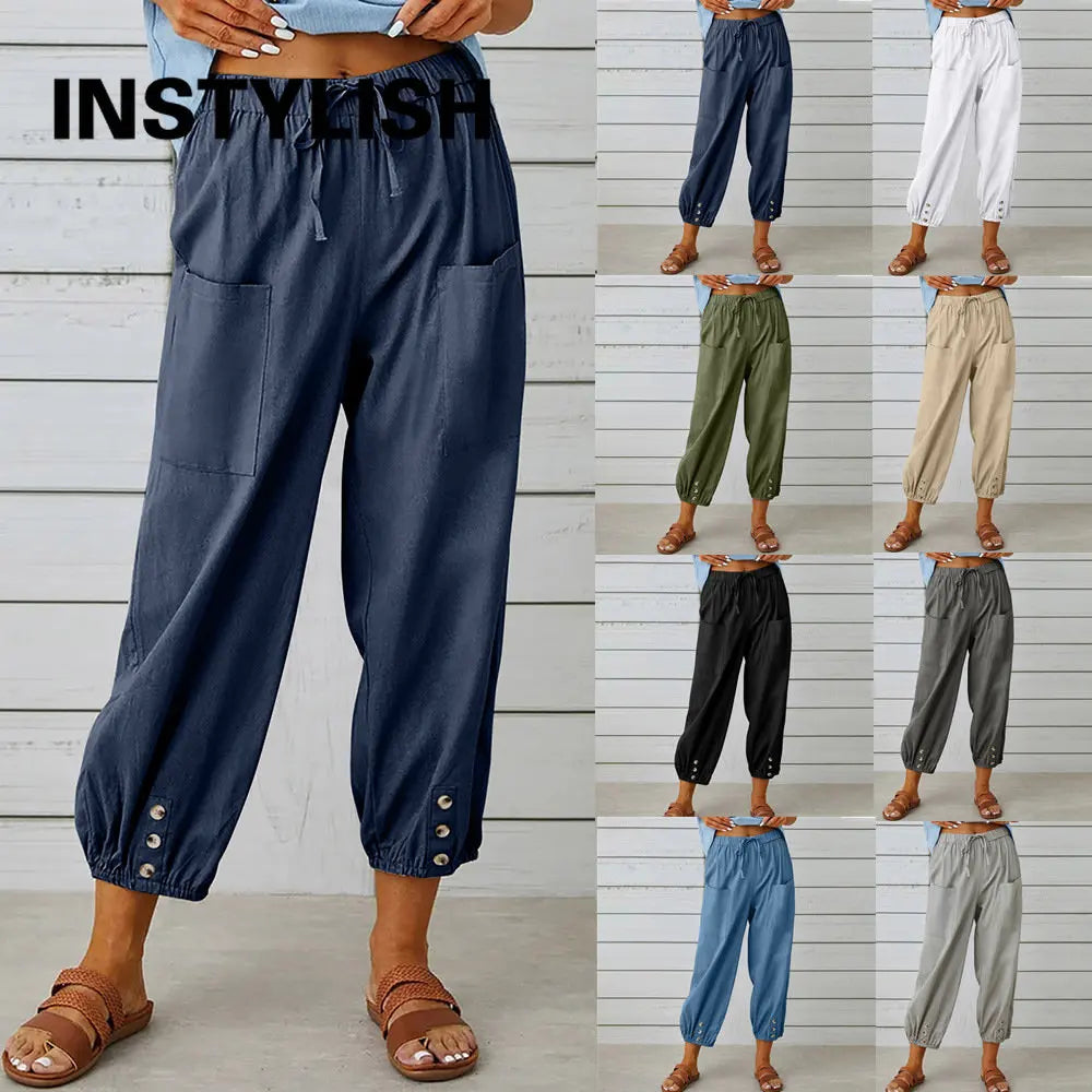 Pantalon en coton et lin pour femmes, couleur unie, taille élastique, ample, droit, Harajuku, taille haute, jambes larges, automne 2023