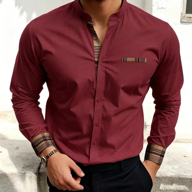 Chemise blanche à col montant pour homme, nouvelle collection, avec coutures à carreaux rétro, texture légère et luxueuse, haut à manches longues style business casual, tailles XS-6XL