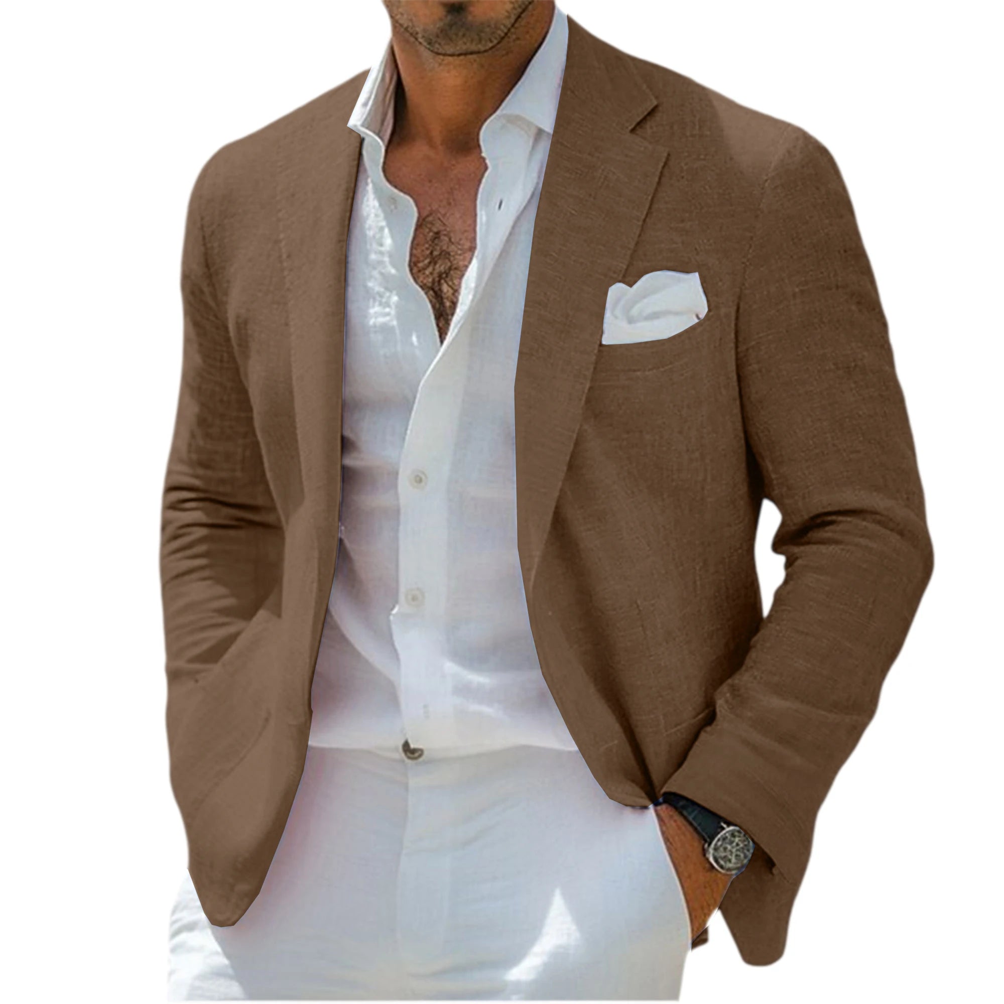 Blazer en lin pour homme, revers cranté, 2 boutons, coupe ajustée, veste de costume légère et respirante, idéale pour l'été, la plage, les mariages, le sport ou le quotidien