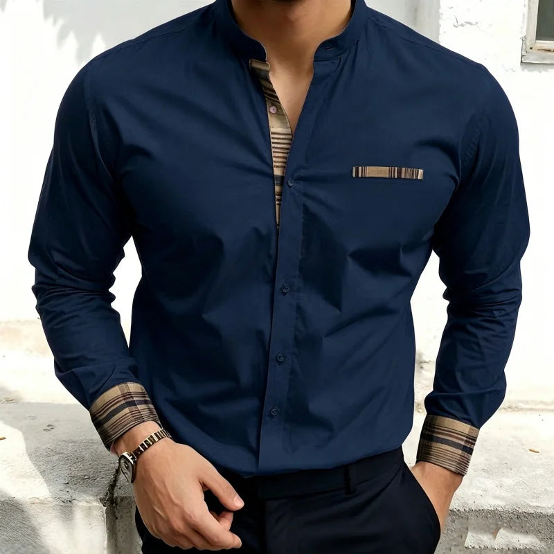 Chemise blanche à col montant pour homme, nouvelle collection, avec coutures à carreaux rétro, texture légère et luxueuse, haut à manches longues style business casual, tailles XS-6XL