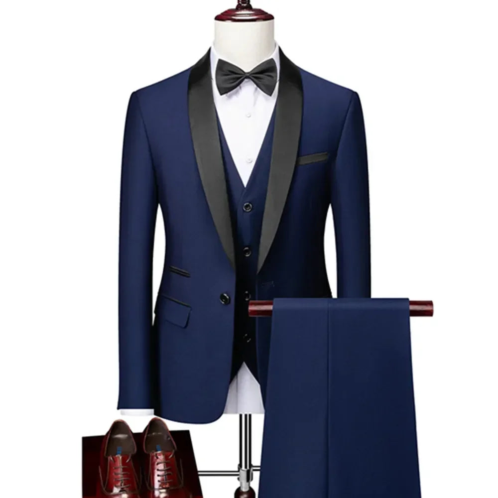 Ensemble de costume noir à revers pour hommes, manteau, gilet, pantalon/affaires pour garçons d'honneur, robe de mariée, pantalon Blazer Fprmal