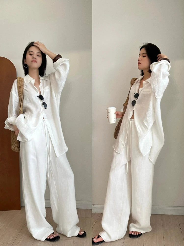 Pantalon large en lin décontracté, coupe droite, blanc, avec cordon de serrage, style coréen, été 2026
